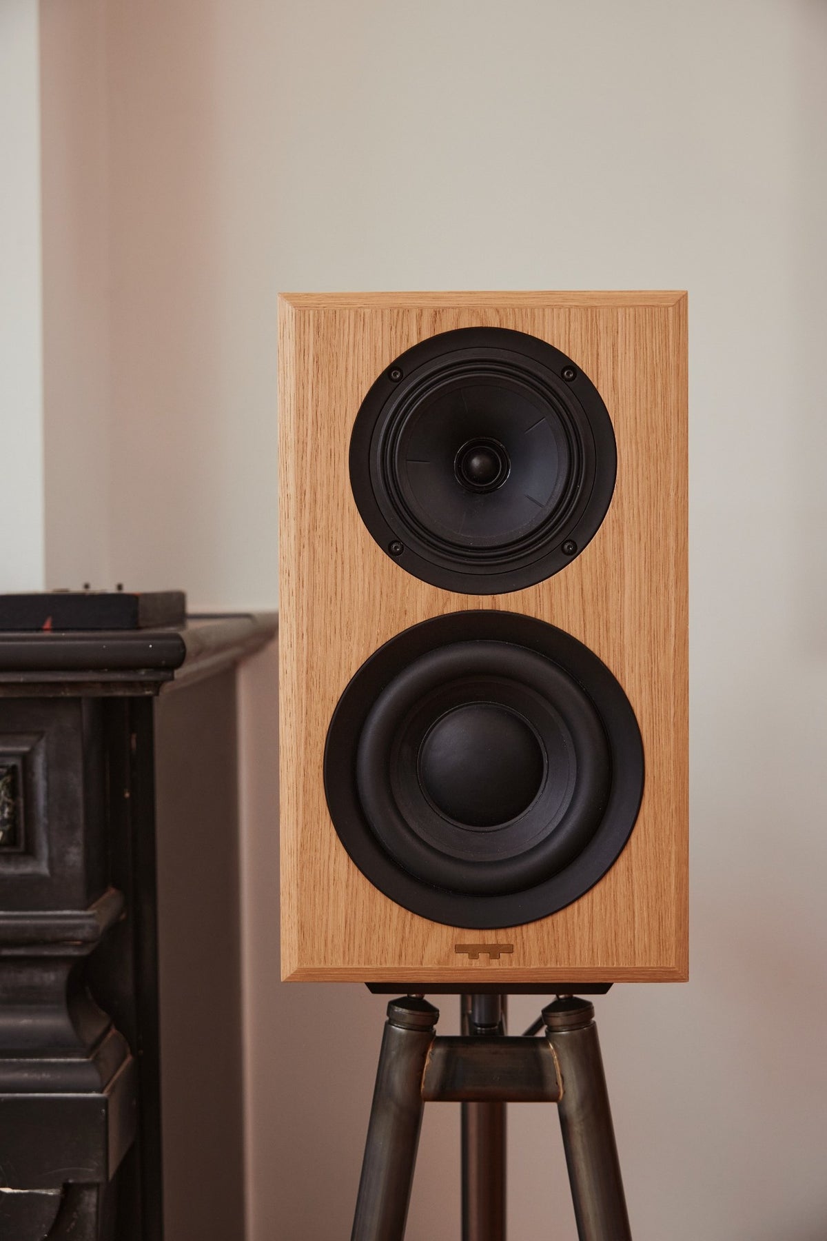 A single oak True Tone speaker on a tripod stand beside a fireplace