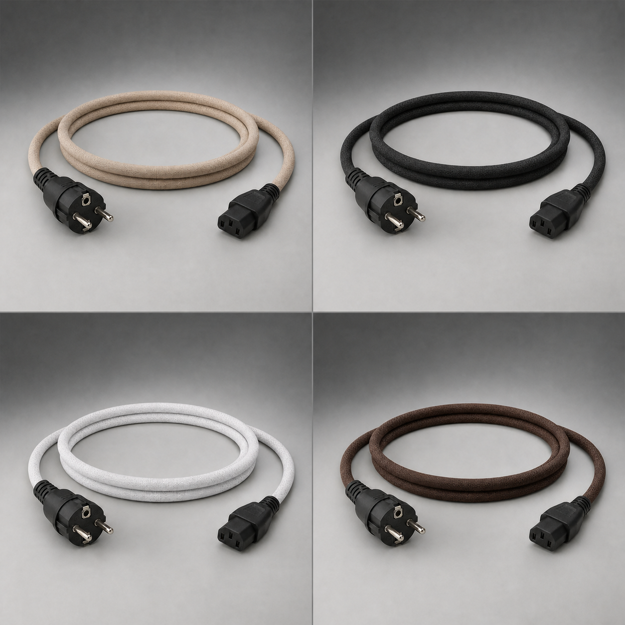 True Tone custom fabric power cable, shown in four woven finishes — natural, black, white and brown — with moulded Schuko and IEC connectors
